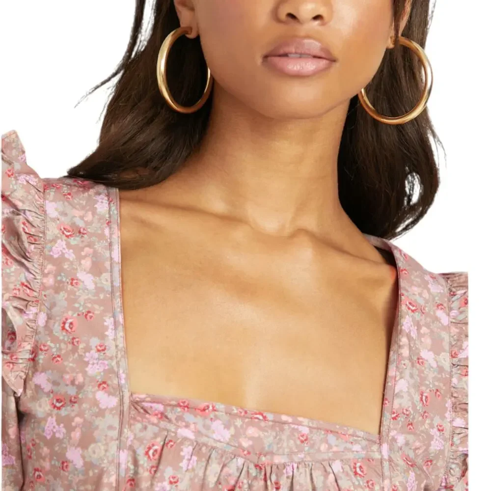 LOVESHACKFANCY Lyna Maxi Dress Tan Garden Cotton Ruffle Floral Pink S 4-6 Sample - Picture 8 of 14